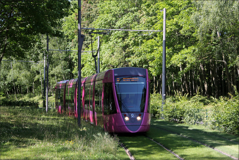 . Citadis 101 wird gleich in die Haltestelle  Saint John Perse  einfahren. 23.07.2012 (Matthias)